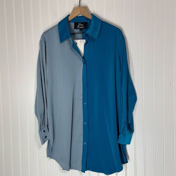 Nina Parker x Macy’s Shirt 0X NWT Colorblock Blue Gray Long Sleeve Button Up - Picture 1 of 11
